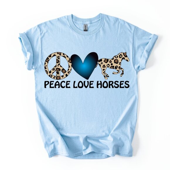 Peace Love Horses Leopard Print T-Shirt Women's Equestrian Western Blue Tee - Picture 1 of 3